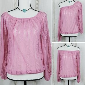 Poof! Pink Sheer Lace Top with Poet Sleeves Small